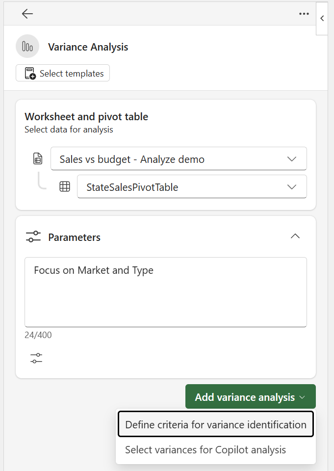 Screenshot of defining variance criteria.