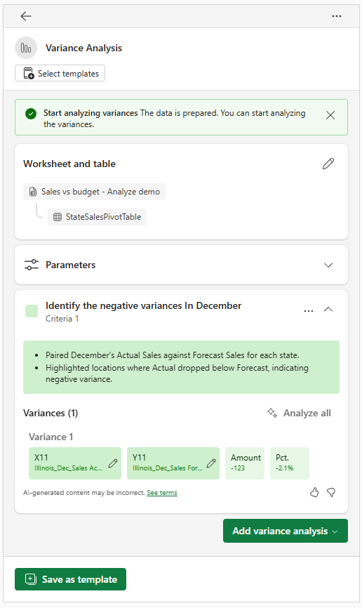 Screenshot of results from variance criteria.