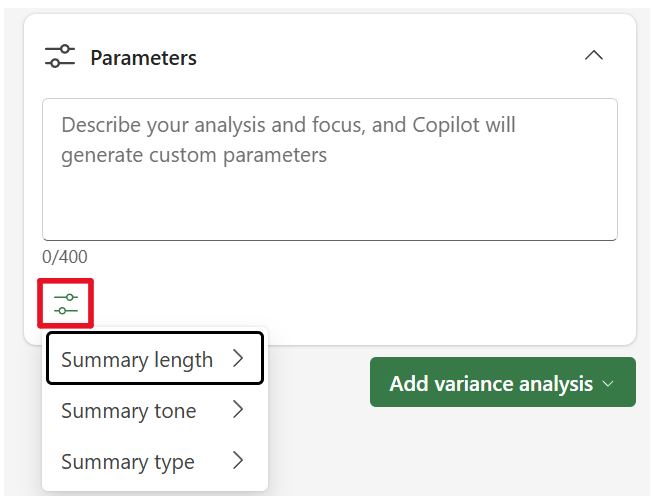 Screenshot of the parameters selections.