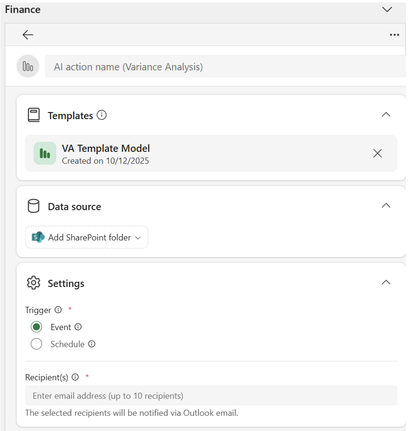 Screenshot of the setup ai action form.