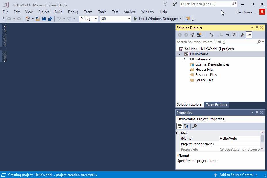 Add a source file for HelloWorld.cpp View of the process to add a source file for HelloWorld.cpp.
