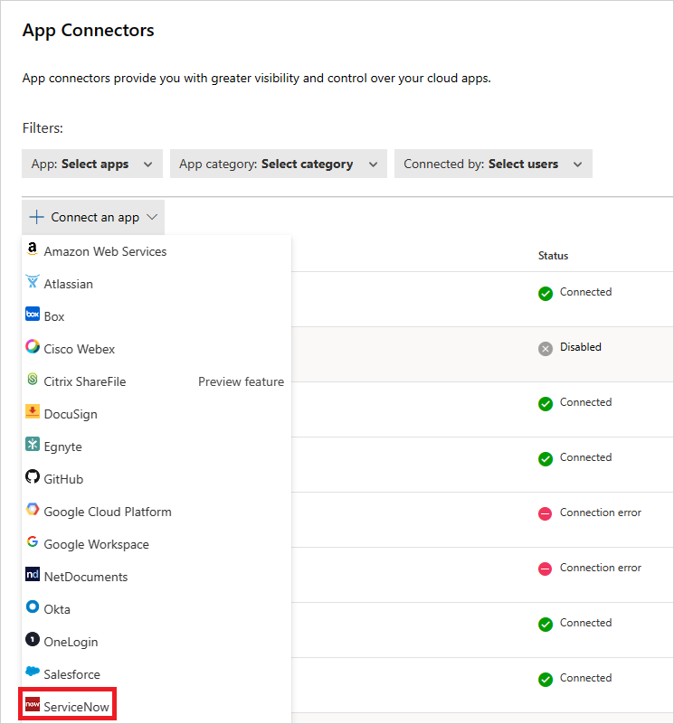 Screenshot that shows where to find the ServiceNow connector in the Defender portal.