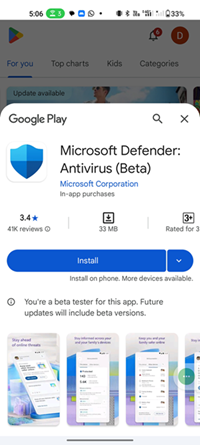 Screenshot of a prerelease version of Microsoft Defender Antivirus in the Google Play Store