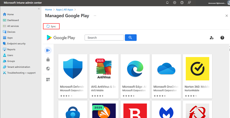 Screenshot highlighting the Sync option in the Managed Play store