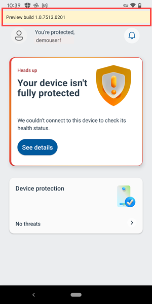 Screenshot of a prerelease version of Microsoft Defender Antivirus installed on a device