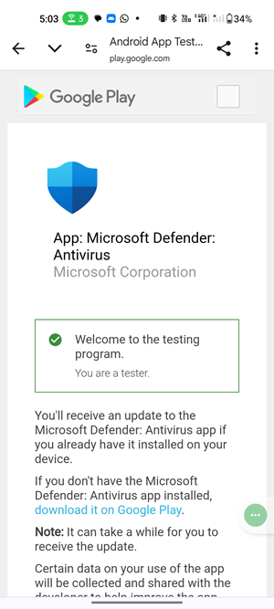 Screenshot of a Welcome page to test the prelease build of Microsoft Defender Antivirus