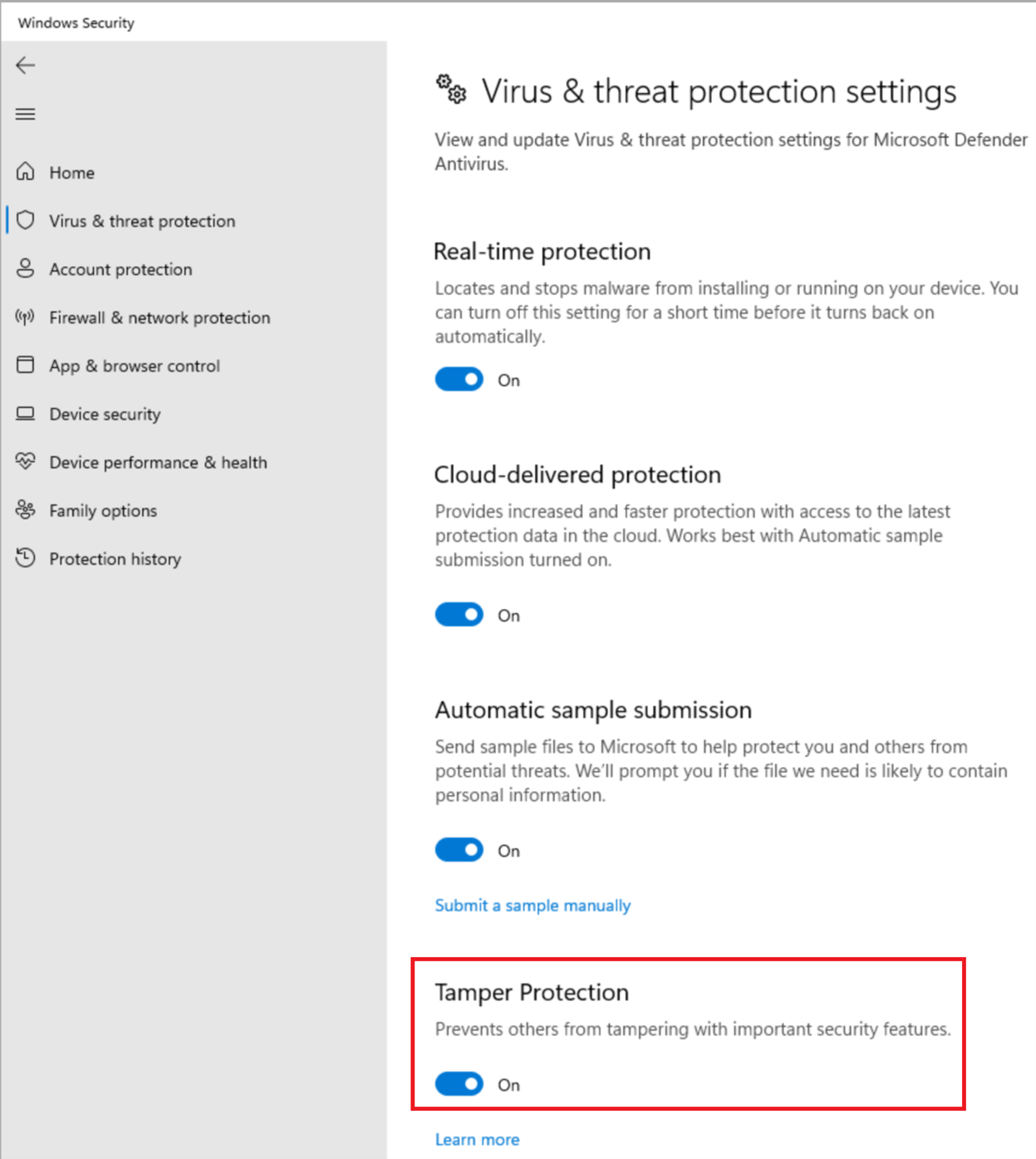 Screenshot of Tamper Protection is enabled.