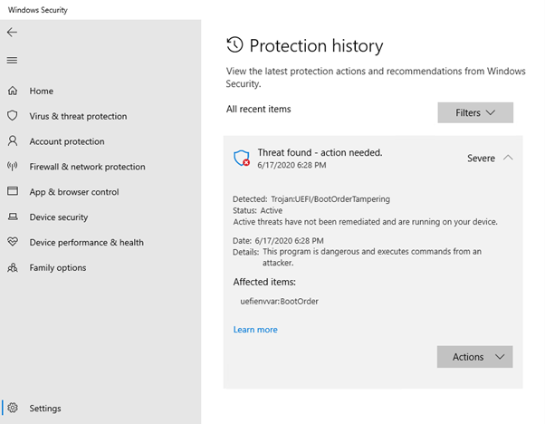 Screenshot that shows Windows Security notification for malicious content in NVRAM