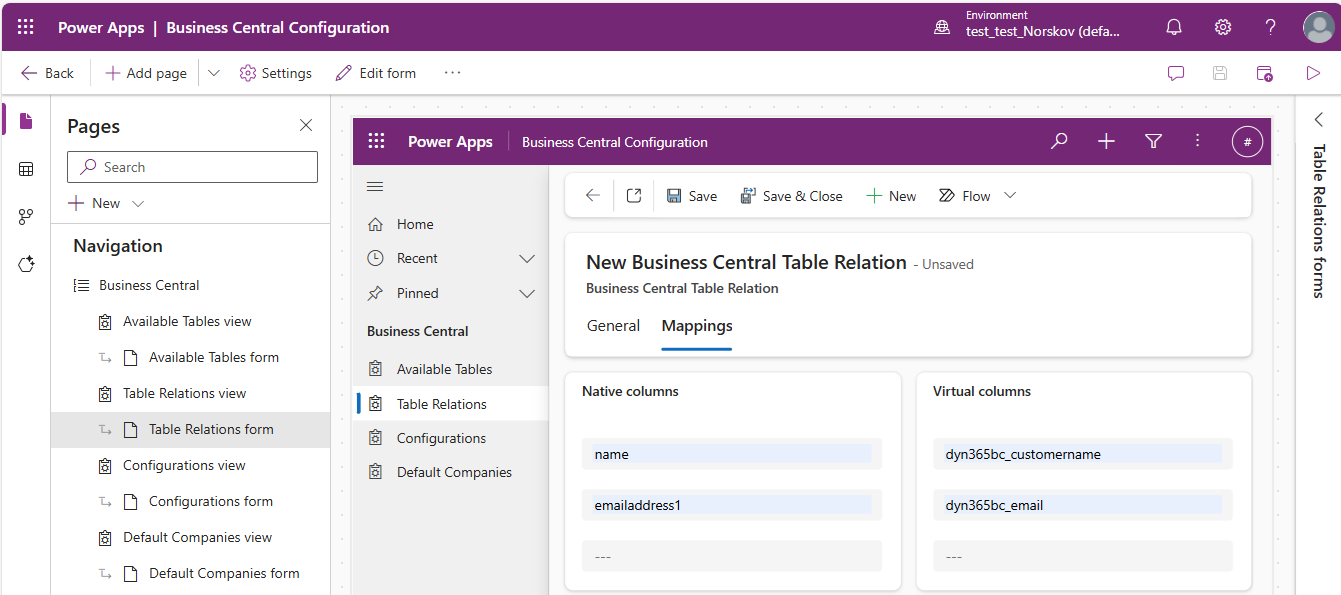 Screenshot of the Business Central Configuration app General tab for defining a synthetic relationship showing native table and key fields.