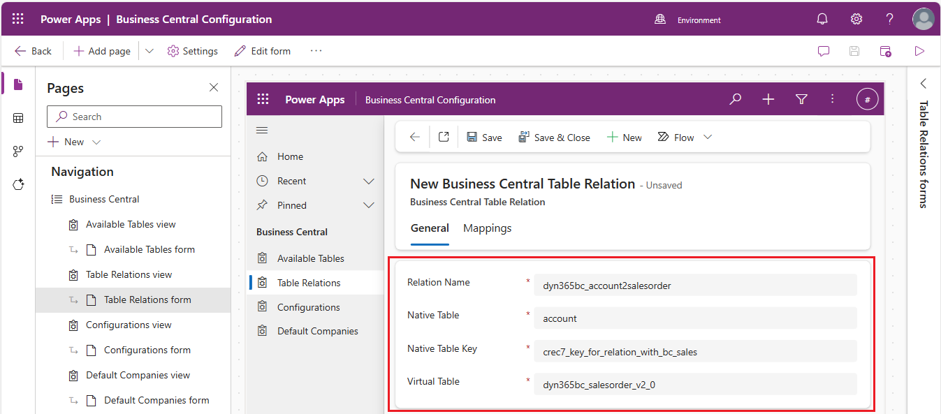 Screenshot of the Business Central Configuration app General tab for defining a synthetic relationship showing native table and key fields.