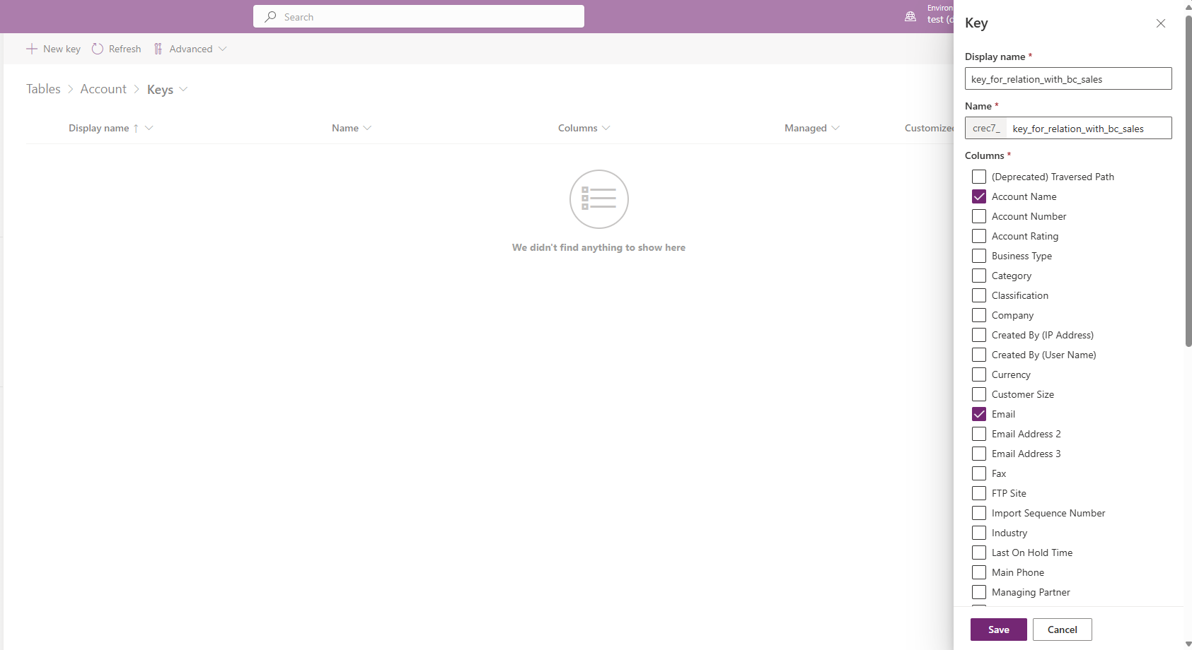 Screenshot of the Keys view in Dataverse showing creation of a new key for synthetic relationship.