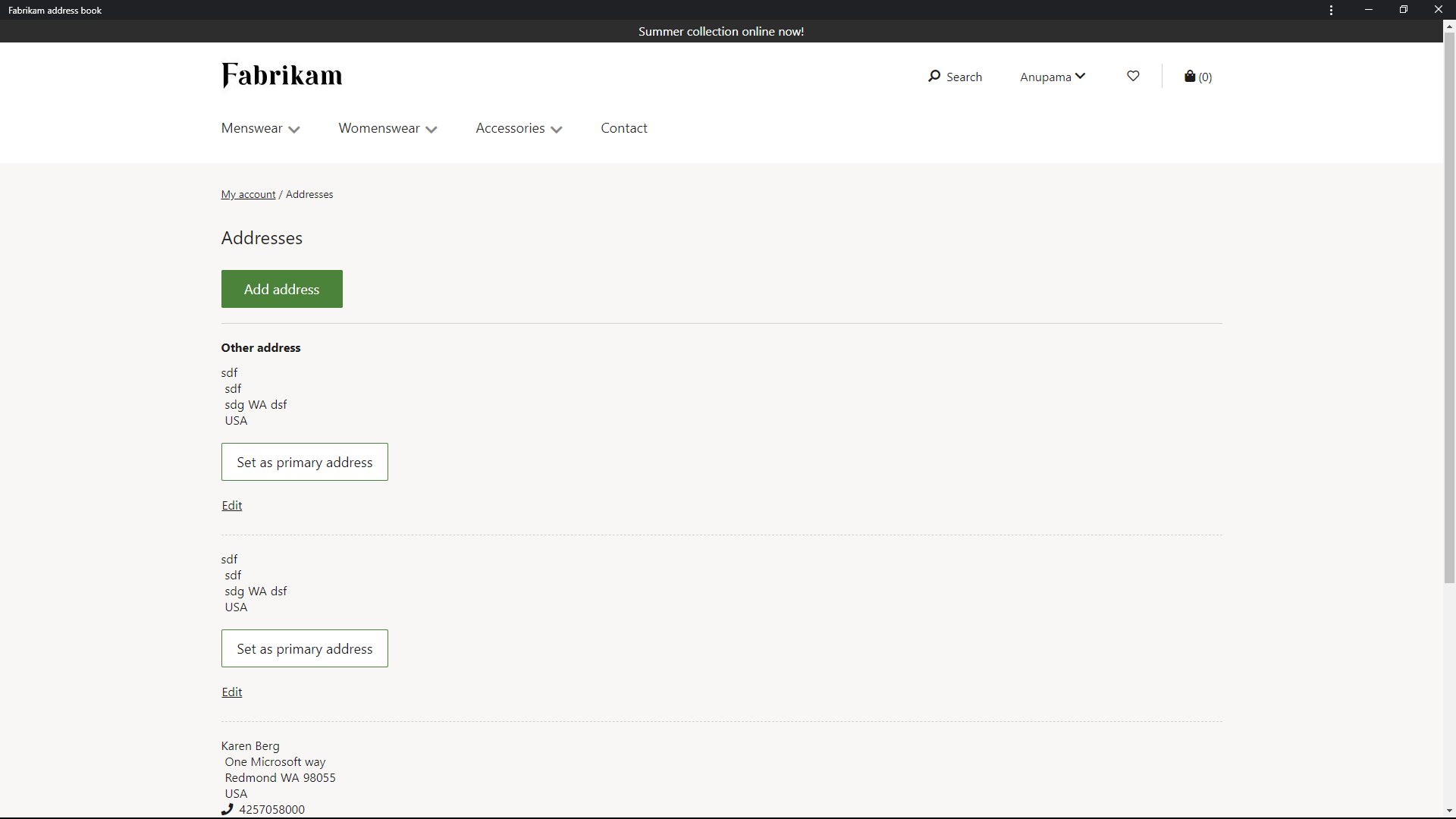 Screenshot of an Addresses page.