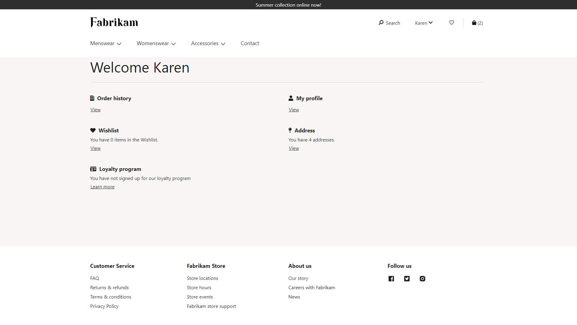 Screenshot of an account management landing page.