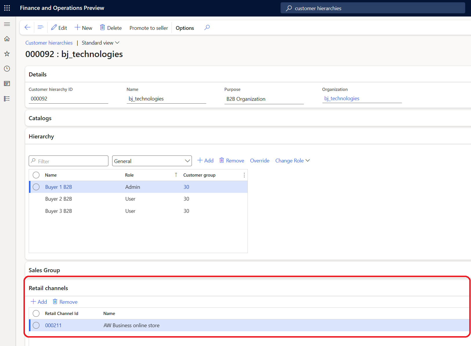 Screenshot of the customer hierarchy of a business partner in headquarters with the associated retail channel highlighted.