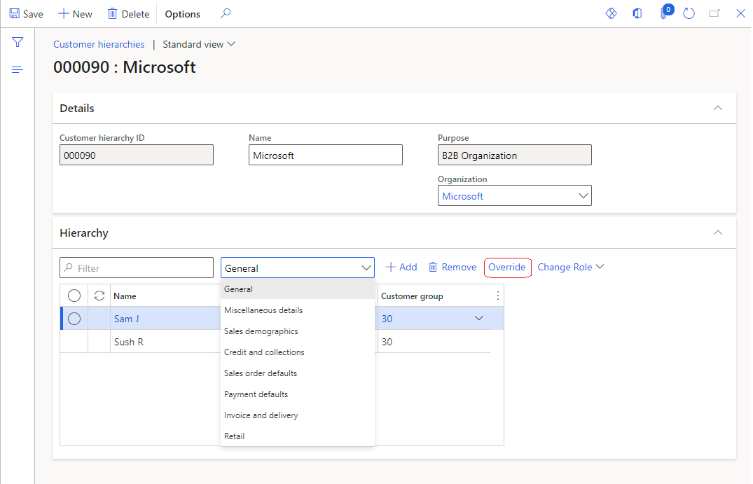 Screenshot of a customer hierarchy record showing the Override button and the General option in the drop-down list.