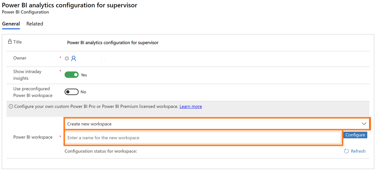 Create a new Power BI workspace Create new Power BI workspace.