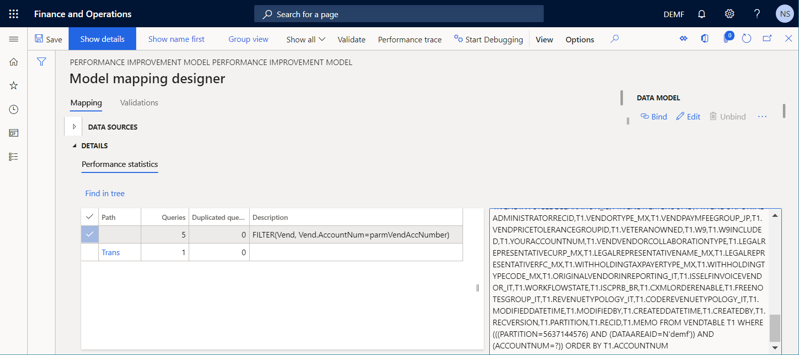 Screenshot of trace information on the Model mapping designer page 1.
