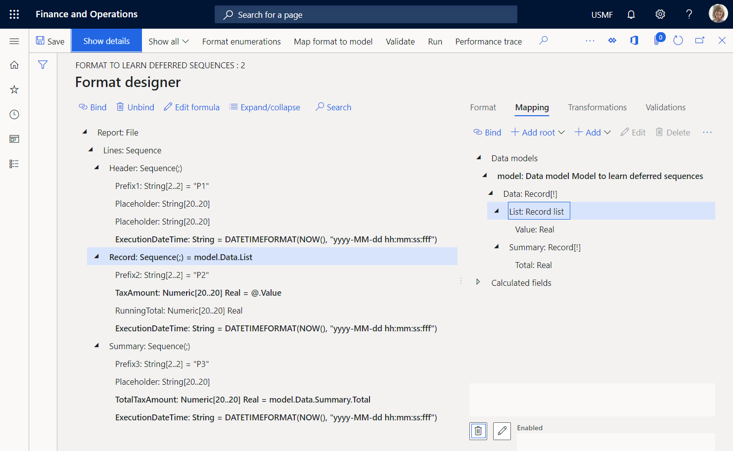 Screenshot of Mapping tab on the Format designer page.