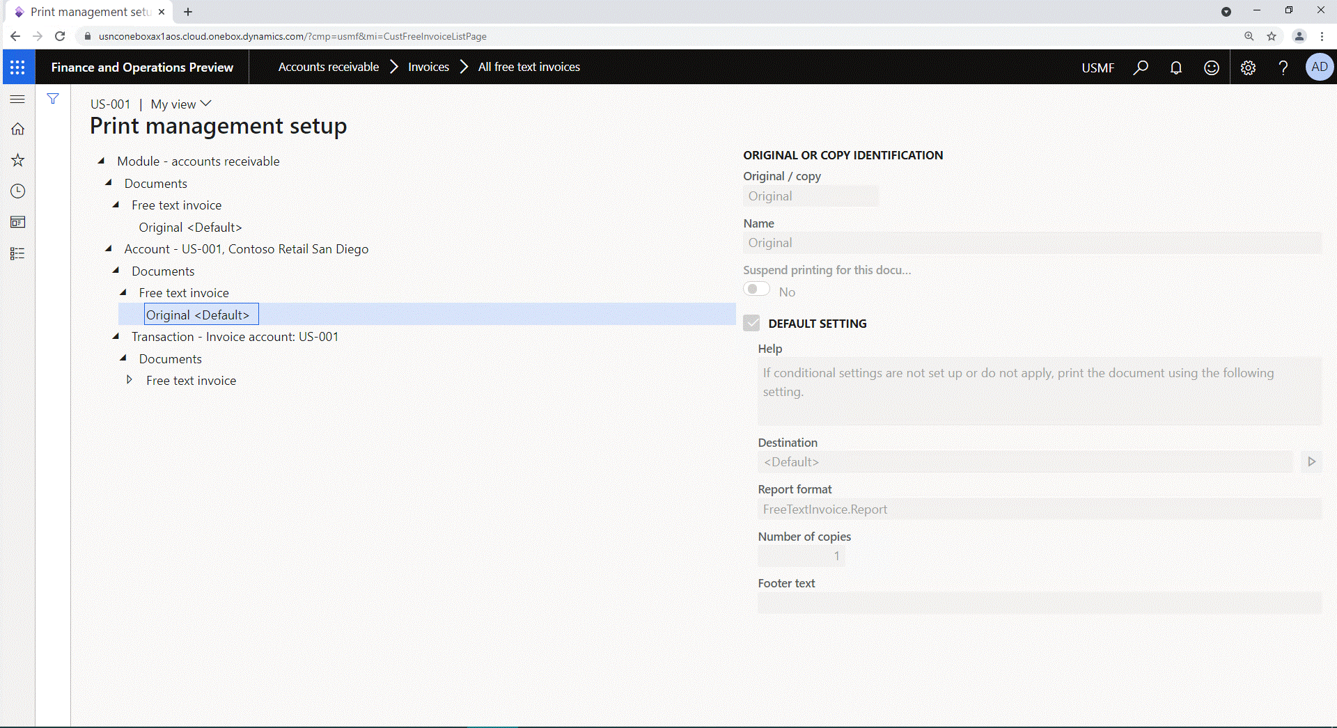 Screenshot of configuring a named ER destination for the selected ER format and assigning it to the configured print management record on the Print management setup page.