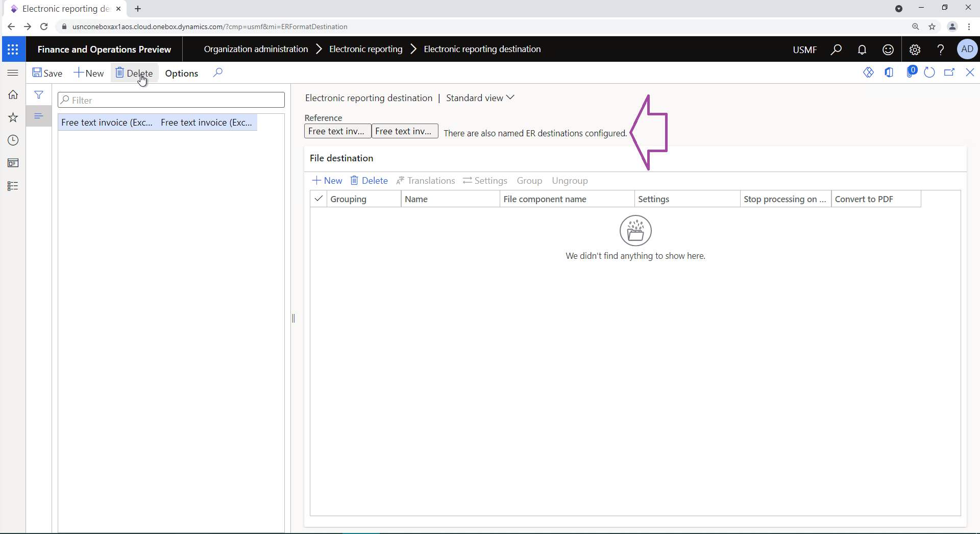 Screenshot of notification about the existence of configured named destinations for the selected ER format on the Electronic reporting destination page.