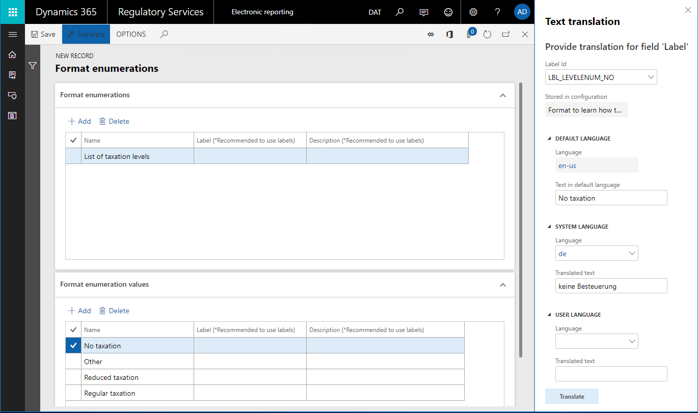 Screenshot of the text translation slide out.