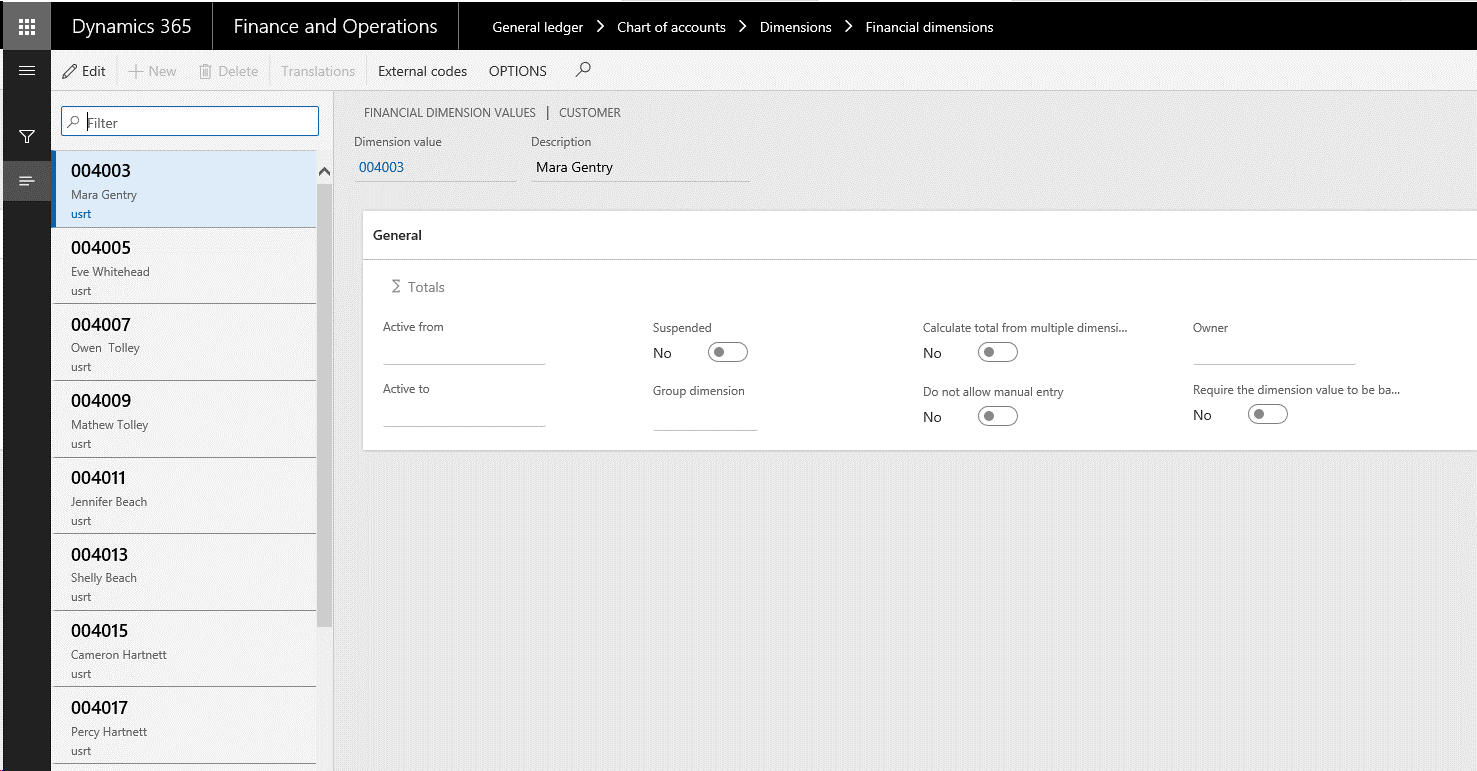Screenshot of the Financial dimensions values page showing an existing list.