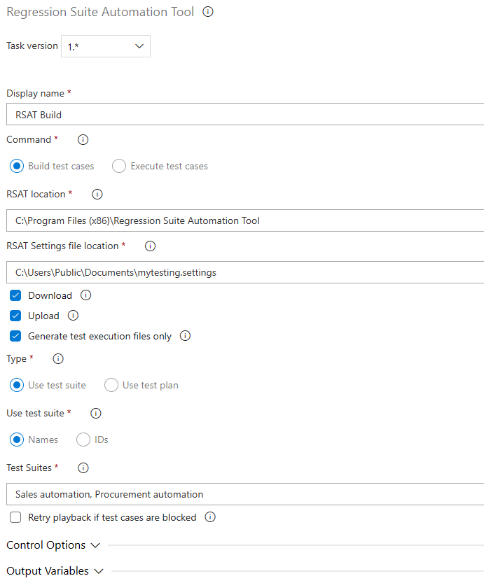Screenshot of configuring a new RSAT build task.