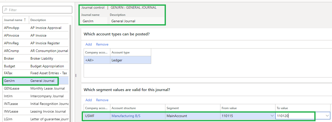 Example showing journal control restrictions applied to one account structure.