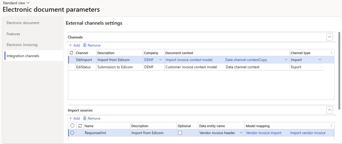 Screenshot of the configuration of integration channels in Electronic document parameters.