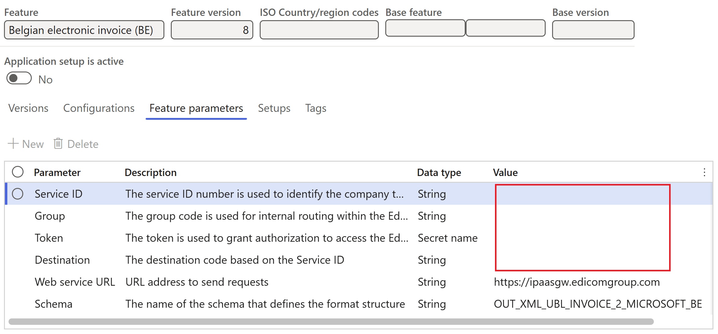 Screenshot of that shows the parameters on the Feature parameters tab being configured for the Globalization feature for Belgium.