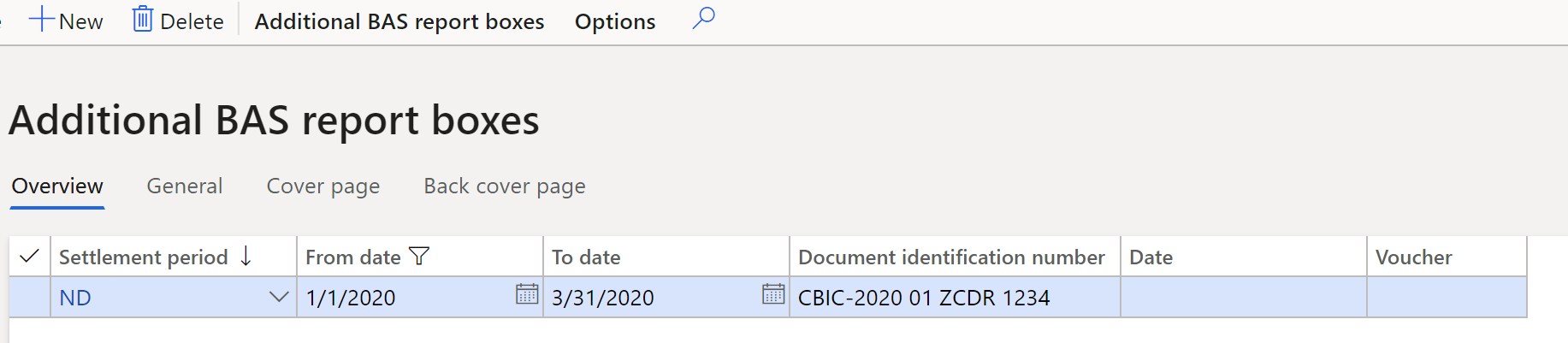 Screenshot of the Additional BAS report boxes page.