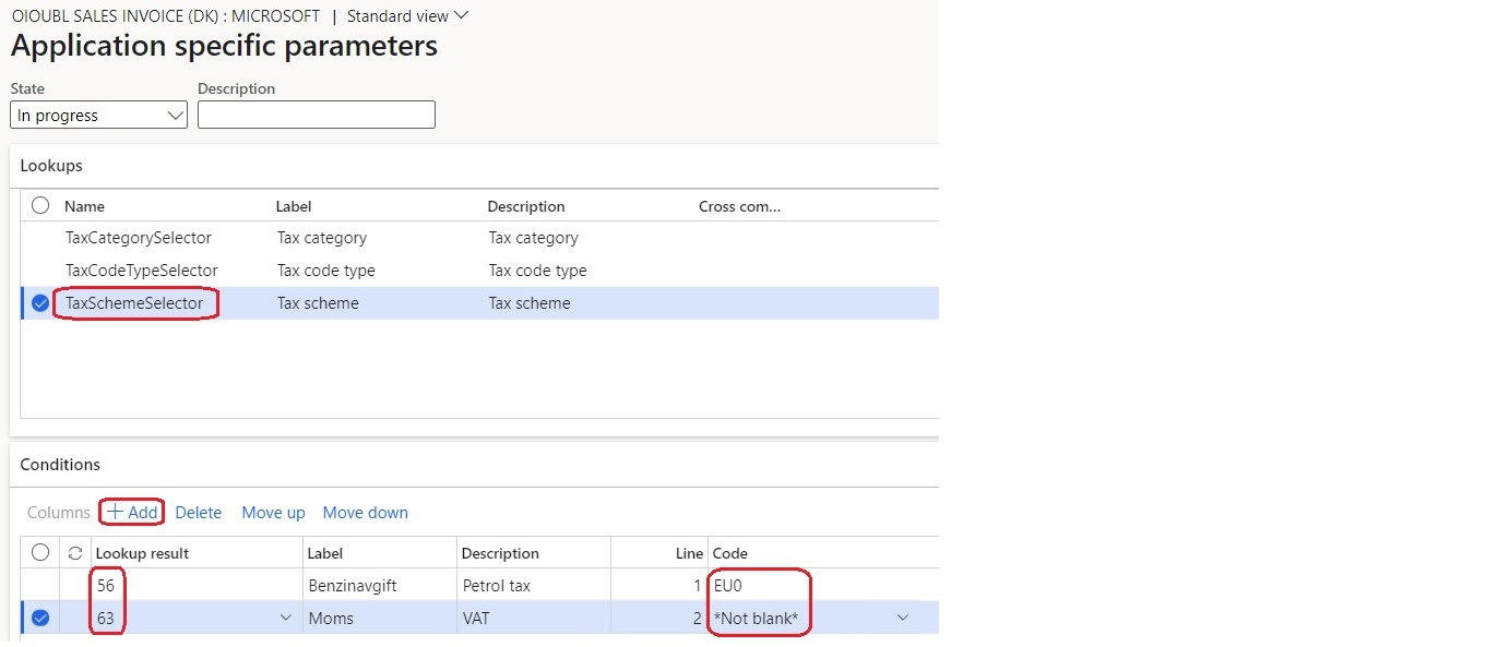 Screenshot of defining conditions for the TaxSchemeSelector lookup on the Application specific parameters page.