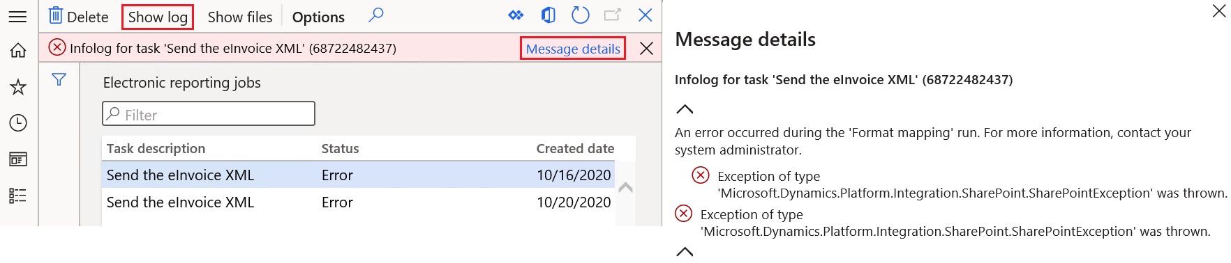 Screenshot of viewing the message details for an error.
