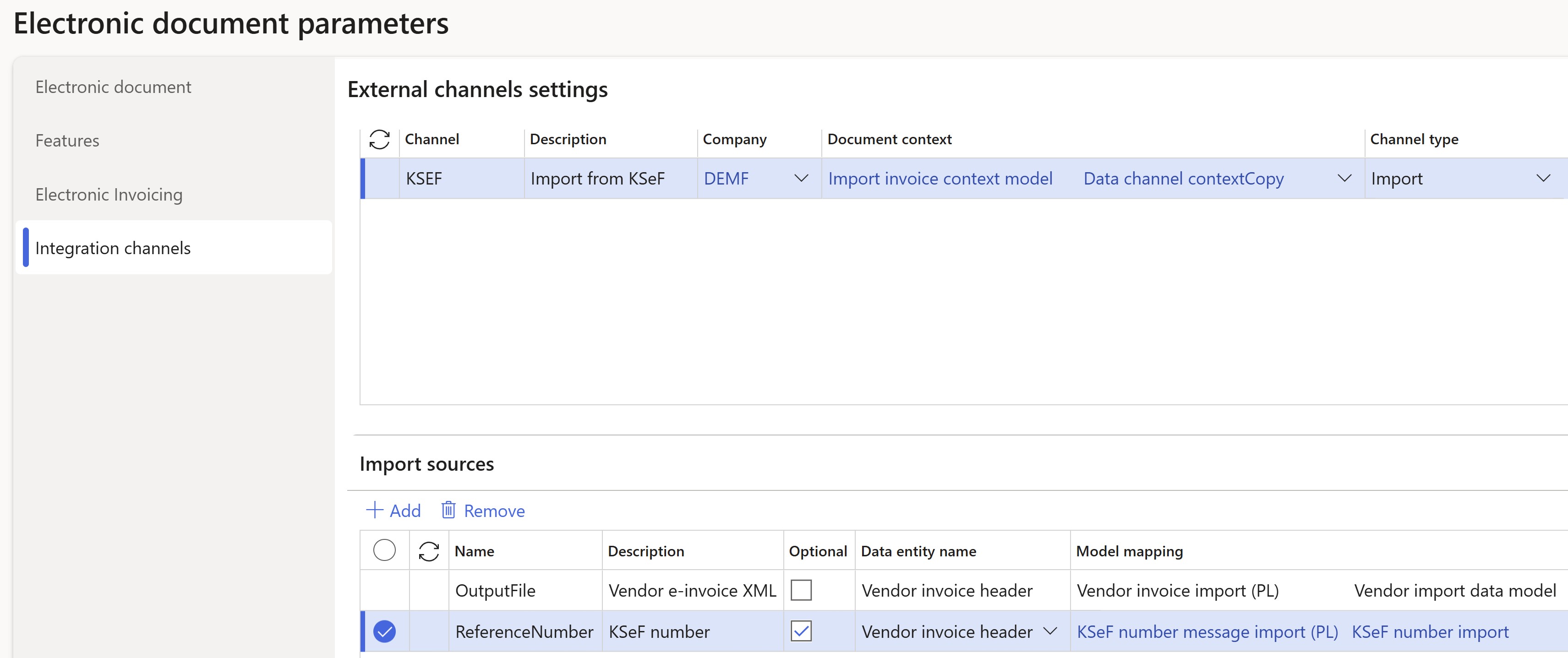 Screenshot of the import channel configuration in Electronic document parameters.