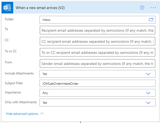 Screenshot of Outlook trigger configuration.