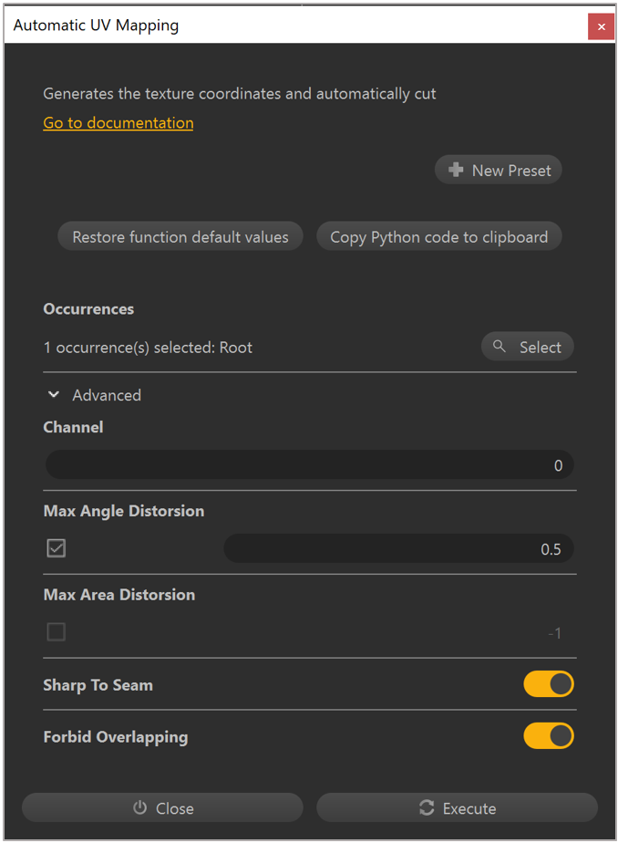 Automatic UV Mapping dialog box showing Channel field Automatic UV Mapping dialog box showing Channel field.