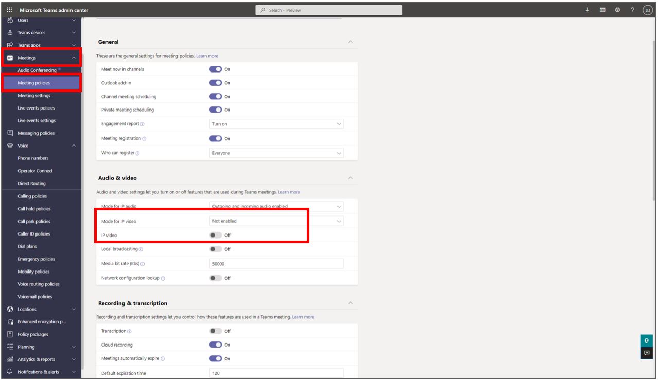Screenshot of Microsoft Teams admin center with Audio & video settings highlighted Screenshot of Microsoft Teams admin center with Audio & video settings highlighted.
