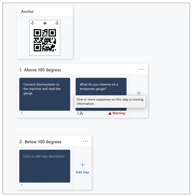 Warning message that shows that a question step isn't fully configured Warning message that shows that a question step isn't fully configured.
