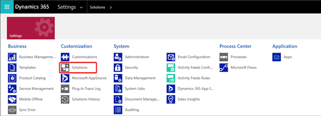 Screenshot of the Settings page showing the Solutions option.