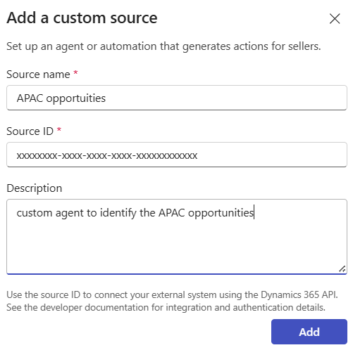 Screenshot of the add a custom source dialog in recommended actions configuration page.