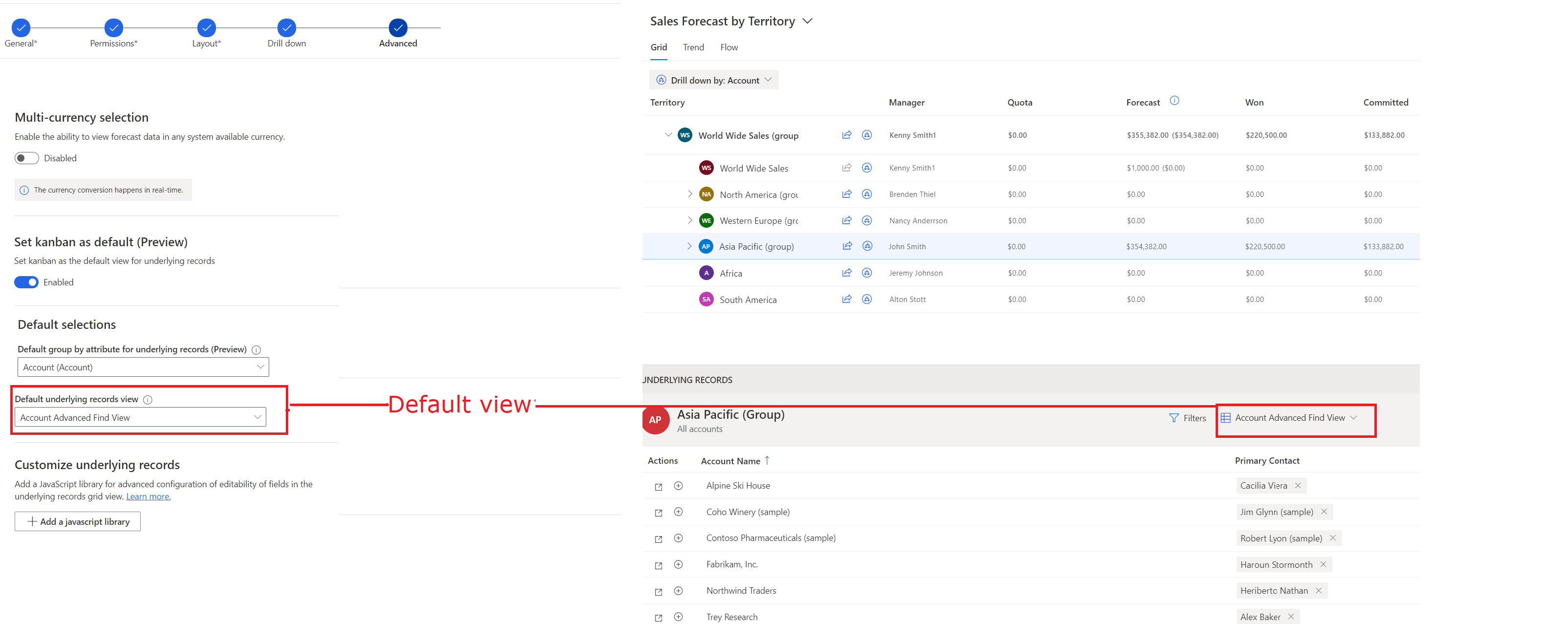 A screenshot of the default underlying records view option and the view appearing in the underlying records grid.