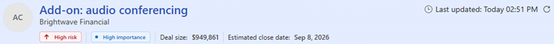 Screenshot of the opportunity summary with value, close date, importance, and risk.
