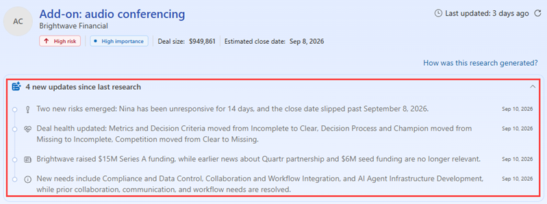 Screenshot of significant opportunity updates detected since the last research cycle.