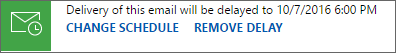 Screenshot of the Send Later control for a scheduled email in Dynamics 365 Sales.