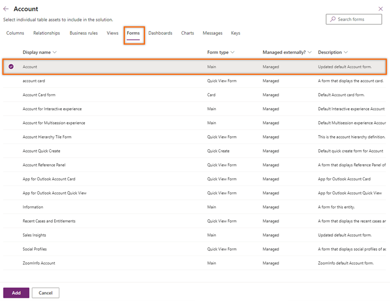 Screenshot of selecting Account from the Forms tab.