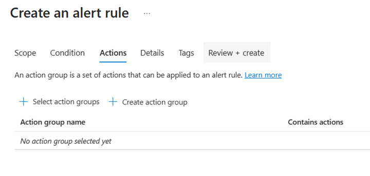 Screenshot showing the Create an alert rule screen.