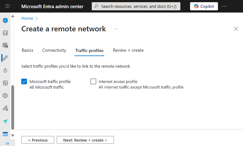 Screenshot of the Create a remote network page, open to the Traffic profiles tab, with Microsoft traffic profile selected.