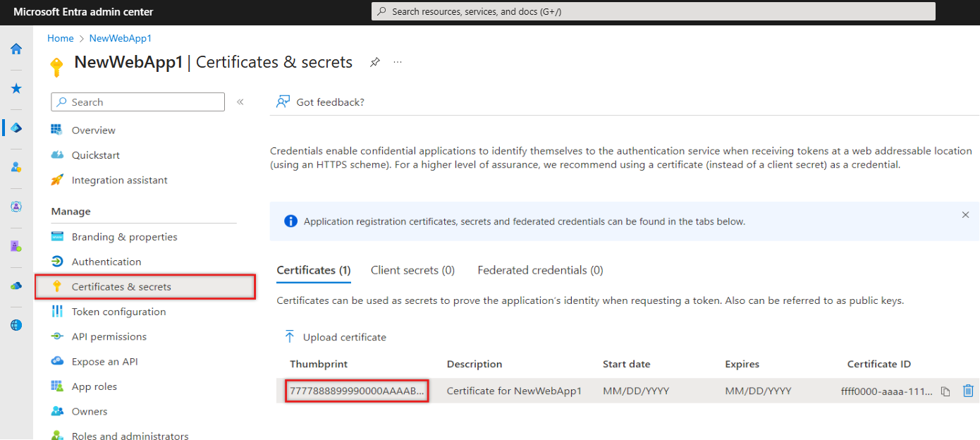 Screenshot showing copying the certificate thumbprint.
