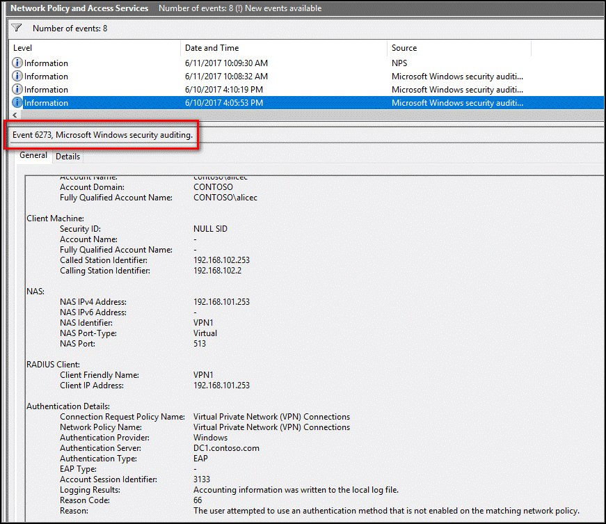 Event Viewer showing NPAS events