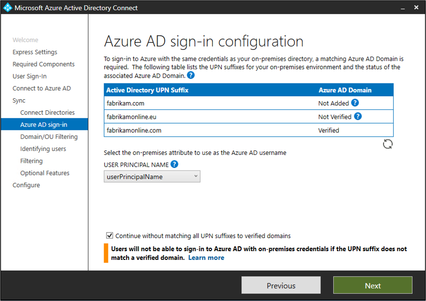 Screenshot showing unverified domains on the "Microsoft Entra sign-in configuration" page.